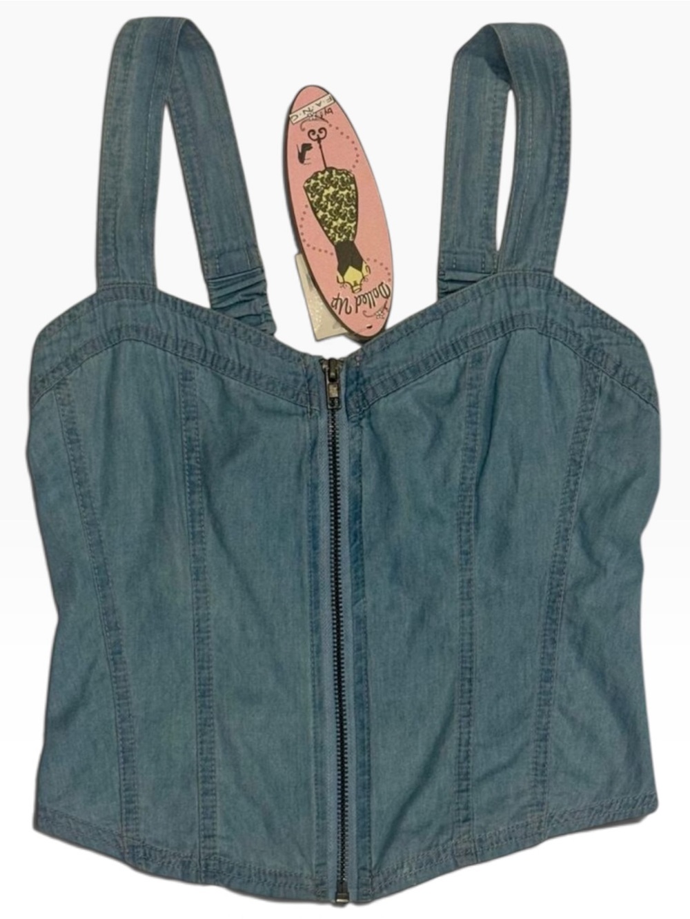 Y2K Light Wash Denim Zip Front Corset Bustier Top NWT XS